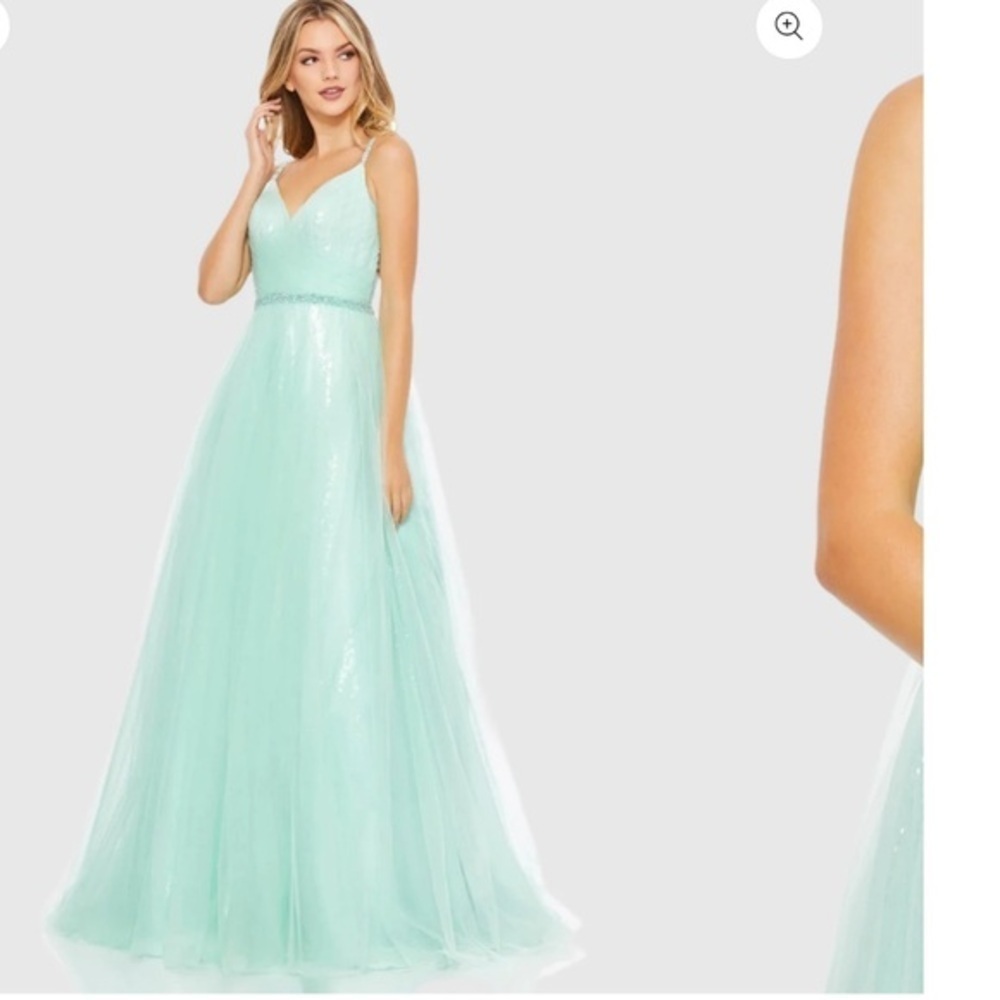 NWT | Mac Duggal 67565 Mint V-Neck Tulle Ballgown with Embellished Belt Size 2 - Picture 4 of 14